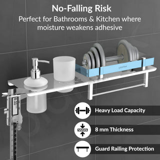 Plantex Stainless Steel 4in1 Multipurpose Bathroom Shelf/Bathroom Steel Rack with Tumbler Holder, Towel Rod and Liquid Soap Dispenser Chrome (18x5 inches)