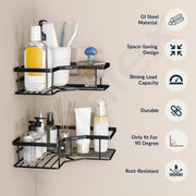 Plantex Self Adhesive Corner Shelf for Bathroom/GI Steel Shelf for Kitchen with Magic Stickers/Bathroom Organizer Without Drill - Pack of 2 (Black)