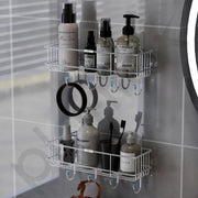 Plantex Stainless Steel Bathroom Organiser Without Drill/Multipurpose Shelf with Hooks/Drill Free Shampoo Holder for Bathroom - Wall Mount - Pack of 2 (Chrome)