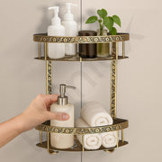 Plantex Aluminium Corner Shelf For Bathroom Wall/2 Tier Side Corner Shelf/Bathroom Corner Shelf with Hooks/Premium Bathroom Organizer (Brass-Antique Finish)