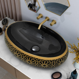 Plantex Ceramic Tabletop Washbasin for Bathroom/Designer Hand Wash Basin/Oval Vessel Sink Basin for Home/Hotel (23.5x16.5x6 Inch - Black & Gold)