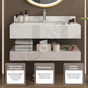 Plantex Floating Vanity for Bathroom/Slab Tile Vanity/Wall Mount Basin with Cabinet/Washbasin Cabinet - 32 x 18 inch (ED-07-Marble Finish)