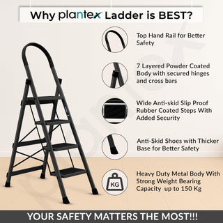 Plantex Steel Ladder for Home/Strong Foldable Wide 4 Step Ladder/Anti-Skid 4 Step Ladder - (Apex - Black)