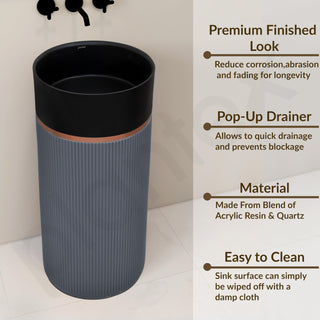 Plantex Matt Pedestal Wash Basin/Acrylic Resin & Quartz Free Standing Wash Basin/Round Basin For Bathroom/Home/Hotel/Restaurant- (Black And Grey, 16 X 16 X 34 Inch)