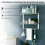 Plantex Bathroom Organizer with Drill/Stainless Steel Bathroom Rack Shelf with Towel Holder/Towel Rod and Hooks (3-Tier, Chrome)