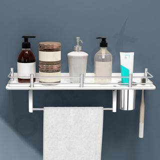Plantex Acrylic 3 in 1 Multipurpose Bathroom Shelf/Towel Hanger/Rack/Tumbler Holder/Bathroom Accessories-White (18 x 5 Inches)