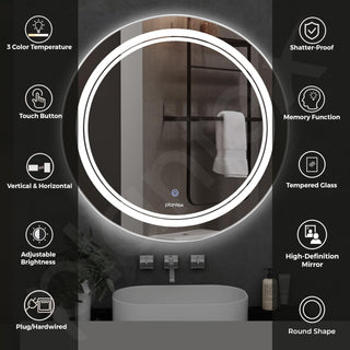 Plantex Glass Mirror With Light With 3 Tone/Touch Wall Mount Mirror For Bedroom/Dressing Room/Living Room - Round Shape (24 Inch), White