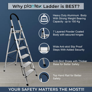 Plantex Surestep 6 Step Aluminum Ladder for Home/Non-Slip Wide Step Foldable Ladder for Home Use with Knee Guard, PVC Shoes and Cross Bars (Anodize-Silver)