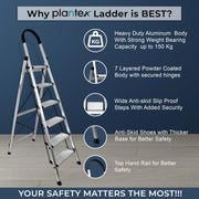 Plantex Surestep 6 Step Aluminum Ladder for Home/Non-Slip Wide Step Foldable Ladder for Home Use with Knee Guard, PVC Shoes and Cross Bars (Anodize-Silver)