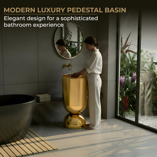 Plantex Stainless Steel Pedestal Basin for Bathroom/One Piece Free Standing Round Wash Basin for Living Room/Hotel (Gold)