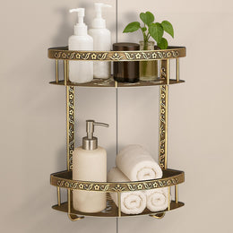 Plantex Aluminium Corner Shelf for Bathroom Wall/2 Tier Side Corner Shelf/Bathroom Corner Shelf with Hooks/Premium Bathroom Organizer (Brass-Antique Finish)