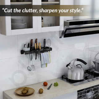 Plantex Self Adhesive Kitchen Cutlery Organizer/Knife Holder/Cutlery Stand/Spatula-Ladle Holder with Adjustable Hooks and Towel Hanger (Black)