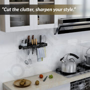 Plantex Self Adhesive Kitchen Cutlery Organizer/Knife Holder/Cutlery Stand/Spatula-Ladle Holder with Adjustable Hooks and Towel Hanger (Black)