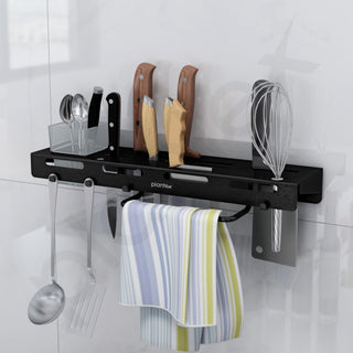 Plantex Self Adhesive Kitchen Cutlery Organizer/Knife Holder/Cutlery Stand/Spatula-Ladle Holder with Adjustable Hooks and Towel Hanger (Black)