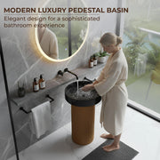 Plantex Acrylic Resin & Quartz Pedestal Basin for Bathroom/One Piece Pedestal Free Standing Round Wash Basin for living Room/Hotel (Black & Gold)