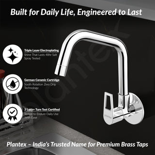Plantex Pure Brass Kitchen Sink Tap Faucet/Wall Mount Sink Faucet with Wall Flange and Teflon Tape/Water Nal Tap with 360 Swiwel spot with Water Saving nozzel - Pack of 1 (Chrome, 3211)