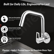 Plantex Pure Brass Kitchen Sink Tap Faucet/Wall Mount Sink Faucet with Wall Flange and Teflon Tape/Water Nal Tap with 360 Swiwel spot with Water Saving nozzel - Pack of 1 (Chrome, 3211)