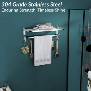 Plantex 304 Grade Stainless Steel Foldable Towel Rack in Bathroom/Cloth Hanger for Bathroom/Towel Rod with Hooks/Bathroom Accessories (18 Inch) Chrome