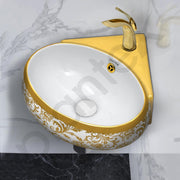 Plantex Ceramic Wash Basin/Corner Basin for Bathroom/Round Designer Tabletop Basin/Vessel Sink for Home/Office (14x14x6 inch - Gold & White)