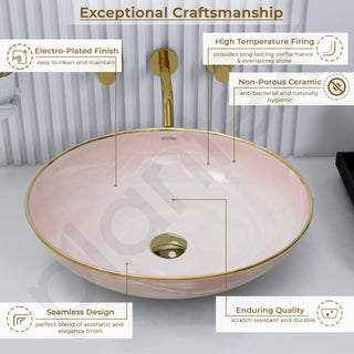 Plantex Wash Basin/Ceramic Table Top Wash Basin/Designer Countertop Basin for Bathroom/Restaurants/Hotel (Pink & Gold - 16.5 x 16.5 x 4 Inch)