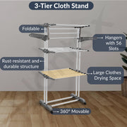 Plantex Clothes Stand for Drying Clothes/Stainless Steel Cloth Drying Stand Folding/3 Layer Stand for Cloth Drying - Aeronest (Chrome & Gray)