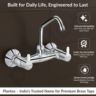 Plantex Pure Brass Kitchen Sink Tap with 360° Swivel Spout/Dual Handle Hot and Cold Water Tap for Kitchen/Sink Mixer with Brass Wall Flange and Teflon Tape (FLO-814-Chrome)