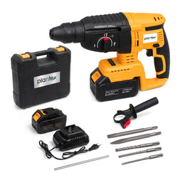 Plantex Cordless Rotary Hammer Drill 21V/Brushless Motor/600W/26mm Chuck/4500 BPM/Heavy Duty Hammer Drill with 2 Batteries, Charger & Carrying Case – Yellow (APS-H003)