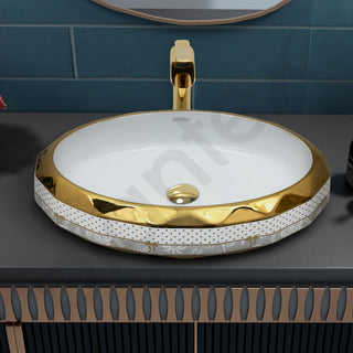 Plantex Wash Basin/Ceramic Table Top Wash Basin/Designer Countertop Basin for Bathroom/Restaurants/Hotel – Oval (White & Gold - 23 x 16 x 5 Inch)