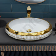 Plantex Wash Basin/Ceramic Table Top Wash Basin/Designer Countertop Basin for Bathroom/Restaurants/Hotel â€“ Oval (White & Gold - 23 x 16 x 5 Inch)