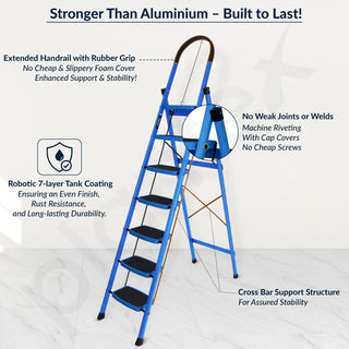Plantex Premium Steel - 7 Step Ladder/Wide Anti Skid Steps/Heavy Duty Multipurpose Foldable 7 Step Ladder(Blue & Black)