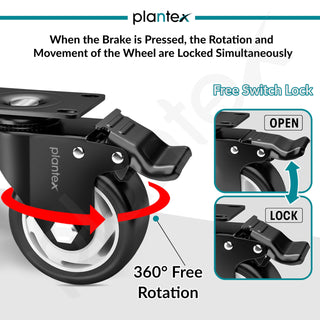Plantex 3 Inch Caster Wheel/Soft PU Swivel Caster Wheels with 360 Degree Rotation and No Noise/Wheels for Heavy Furniture/Table/Trolley Cart - Set of 4 (2 with Brakes & 2 Without) - Black