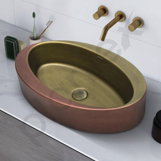 Plantex Ceramic Washbasin/Basin for Bathroom/Oval Tabletop Wash Basin/Countertop Vessel Sink for Home, Office – (Brass & Copper Antique - 24 x 15 x 6 Inch)