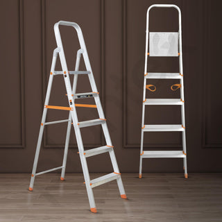 Plantex Restructured Legend Aluminium Folding 5 Step Ladder for Home - 5 Wide Step Ladder (Orange-Silver)