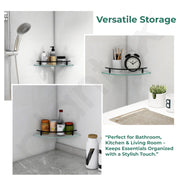 Plantex Premium Frosted Glass Corner Shelf for Bathroom/Kitchen Glass Shelf with Brass Railings and Brackets/Bathroom Corner Shelf/Storage Rack (Black-9x9 Inches- Pack of 2)