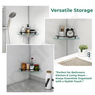 Plantex Premium Frosted Glass Corner Shelf for Bathroom/Kitchen Glass Shelf with Brass Railings and Brackets/Bathroom Corner Shelf/Storage Rack (Black-9x9 Inches- Pack of 2)