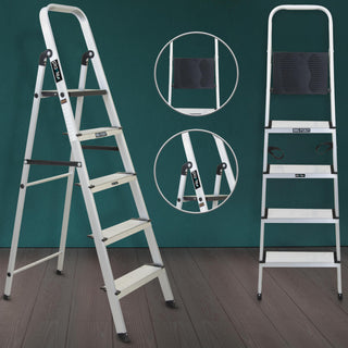 Plantex Big Foot 5 Step Foldable Aluminium Ladder/Step Ladder for Home Use with Wide Anti-Slip Steps and Secured Joints/5-Year Manufacturer Warranty(Black & Silver)