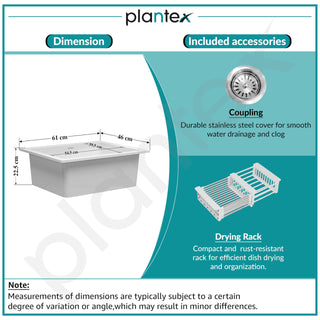 Plantex Quartz Acrylic Kitchen Sink/Undermount Sink for Kitchen with 10 Years Warranty by Plantex/Granite Single Bowl Kitchen Sinks with Coupling (Whiti-24x18 Inches)