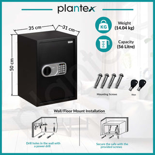 Plantex 56 Litres Safe Locker for Home/Safety Locker Box with Electronic Keypad & Emergency Keys/Master & User Code Access with LED Light/Tijori Box/2 Years Warranty By Plantex - Black
