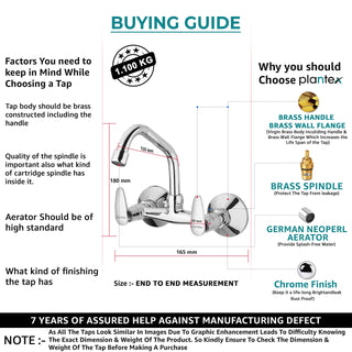 Plantex LEA-714 Pure Brass Kitchen Sink Mixer (High Arch 360 Degree)/ Double Handle Hot & Cold Water Tap for Bathroom with Brass Wall Flange & Teflon Tape (Mirror-Chrome Finish)