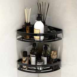 Plantex Corner Shelf for Bathroom Wall/No Drill Bathroom Organiser/Aluminium Corner Shelf for Kitchen/Self Adhesive Shelf (9x9 inches, Matt Black) - Pack of 2
