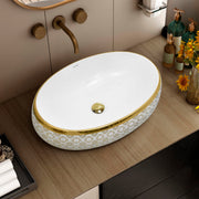 Plantex Tabletop Wash Basin for Bathroom/Designer Ceramic Basin/Oval Vessel Sink Basin for Home/Hotel (23x16x7 inch - White & Gold)