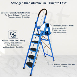 Plantex Premium 6 Step Ladder/Steel Ladder for Home Use/Wide Anti Skid Step Ladder/Non-Slip Handgrip(Blue & Black)