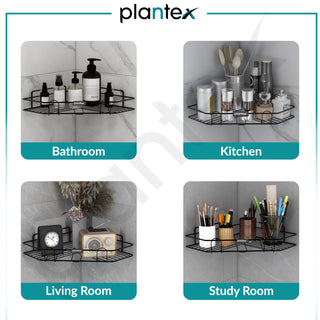 Plantex Self Adhesive Corner Shelf for Bathroom/Adhesive Shelf for Kitchen - with Magic Sticker/Bathroom Organizer Without Drill - Pack of 2 (Diamond, Black)