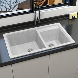Plantex UV Protected Matt Kitchen Sink/Quartz Sink for Kitchen/Double Bowl with Coupling and Hose Pipe (Mosaic Grey - 31x18inch)