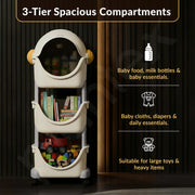 Plantex Toy Rack for Kids Room/ Multipurpose Astro Storage Organizer for Baby Clothes Wardrobe/3-Tier ABS Plastic Baby Toy Storage Organiser with Flip Cover-Pack of 1(White & Grey)