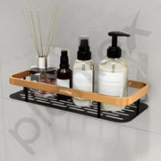 Plantex Drill Free Aluminium Bathroom Shelf/Self Adhesive Shelf for Kitchen with Golden Railing & Magic Stickers/Floating Storage Organiser (12x5 inches, Gold & Black) - Pack of 1