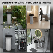 Plantex Acrylic Resin & Qaurtz Pedestal Basin for Bathroom/One Piece Pedestal Free Standing Round Wash Basin for living Room/Hotel (Black & White)
