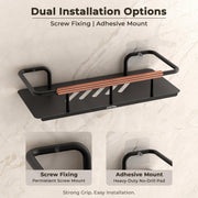 Plantex Self Adhesive Bathroom Shelf/Stainless Steel Bathroom Shelf Rack/Wall Shelf for Bathroom/Bathroom Organiser without Drill/Bathroom Accessories SetPack of 1 (12x5 inches, Copper & Black)