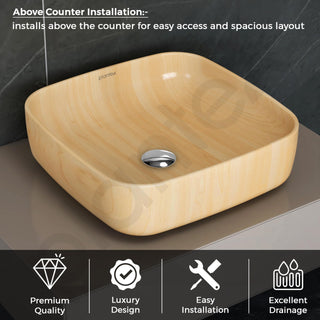 Plantex Premium Tabletop Ceramic Square Wash Basin/Countertop Bathroom Sink (Woody, 16 x 16 x 5 Inch)