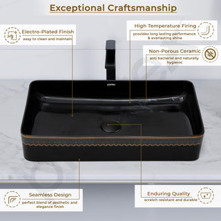 Plantex Table Top Wash Basin for Bathroom/Designer Ceramic Basin/Rectangle Countertop Vessel Sink Basin for Home/Office/Hotel (Black - 14 x 24 x 4 Inch)
